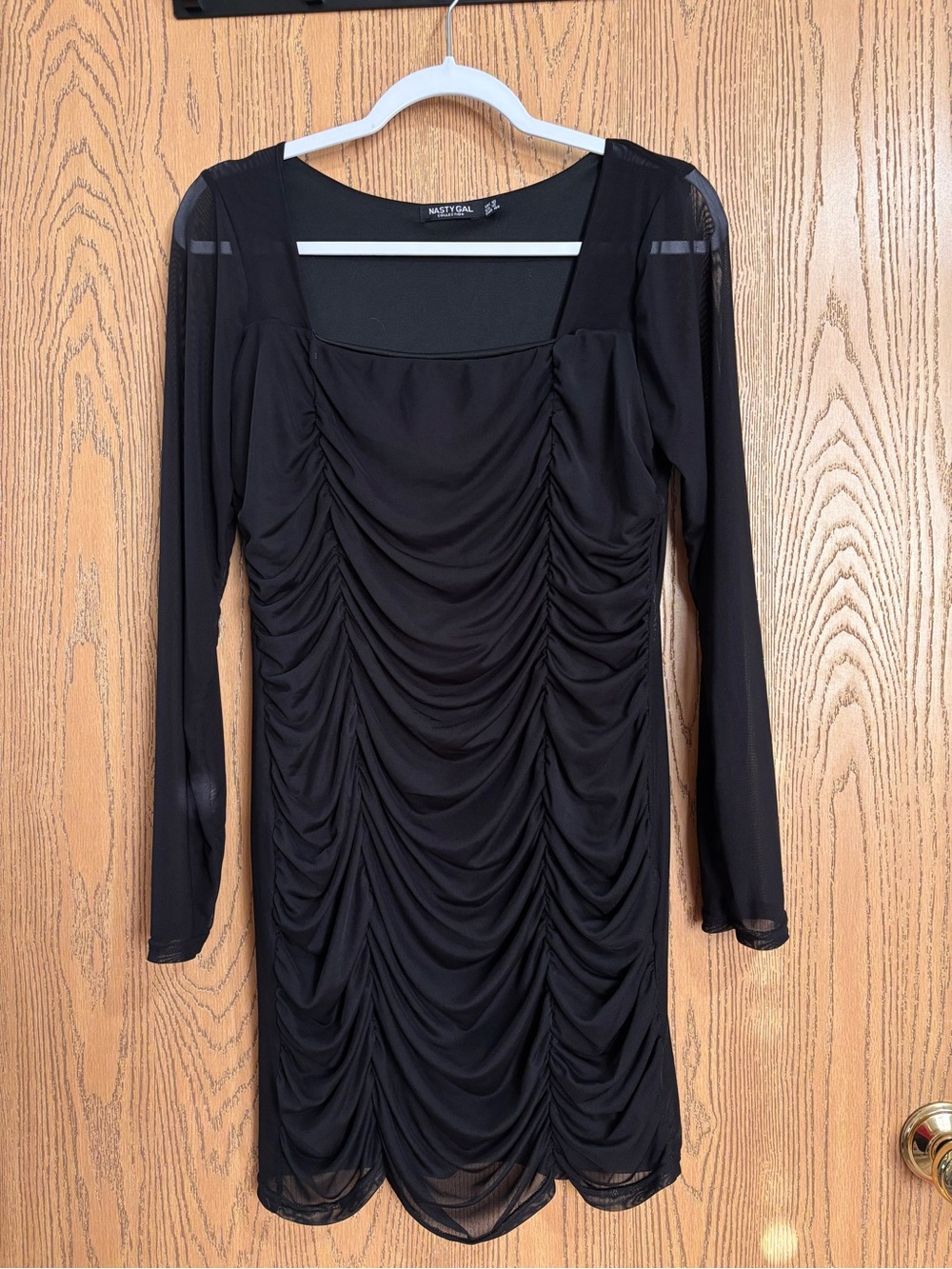 Nasty Gal Black Ruched Sheer-Sleeve Bodycon Dress